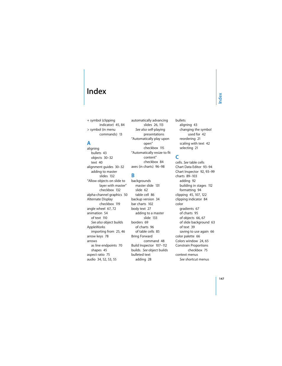 Index | Apple Keynote 2 User Manual | Page 147 / 152