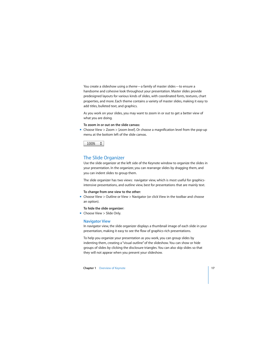 The slide organizer, Navigator view | Apple Keynote 2 User Manual | Page 17 / 152