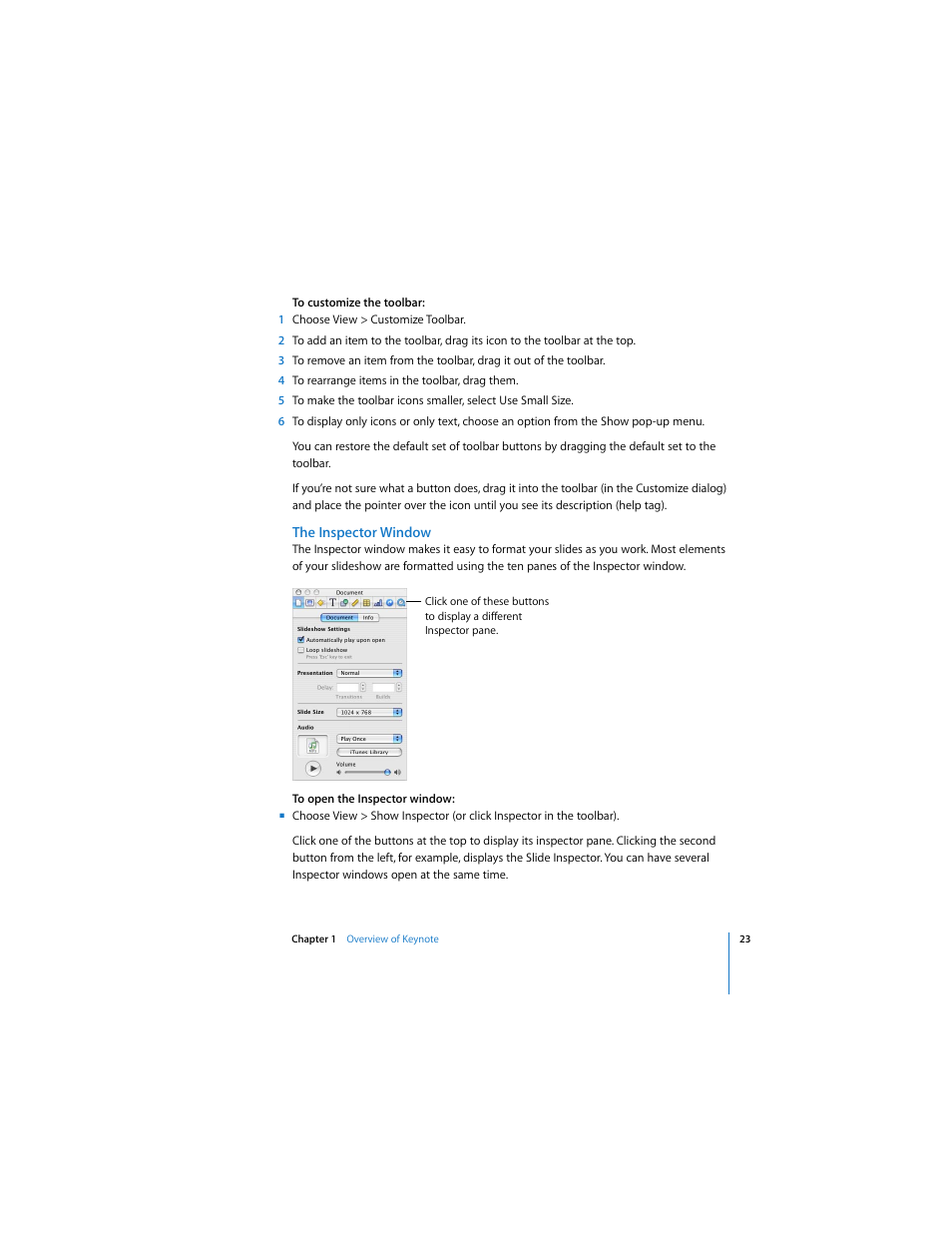 The inspector window | Apple Keynote 2 User Manual | Page 23 / 152