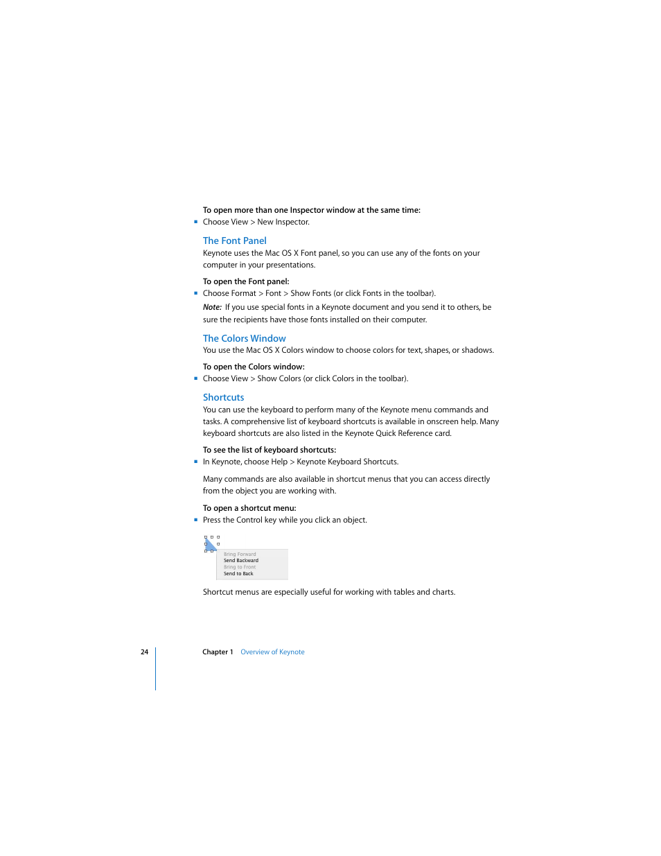 The font panel, The colors window, Shortcuts | Apple Keynote 2 User Manual | Page 24 / 152
