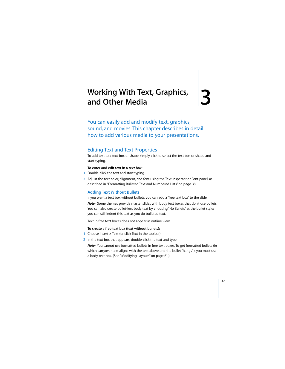 Working with text, graphics, and other media, Editing text and text properties, Adding text without bullets | See “adding text without bullets | Apple Keynote 2 User Manual | Page 37 / 152