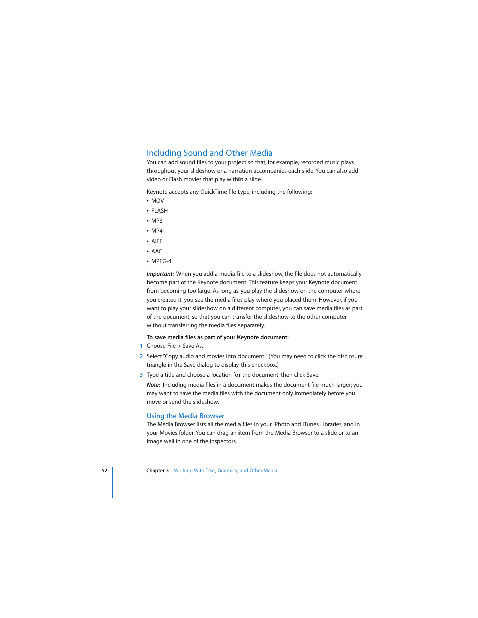 Including sound and other media, Using the media browser | Apple Keynote 2 User Manual | Page 52 / 152