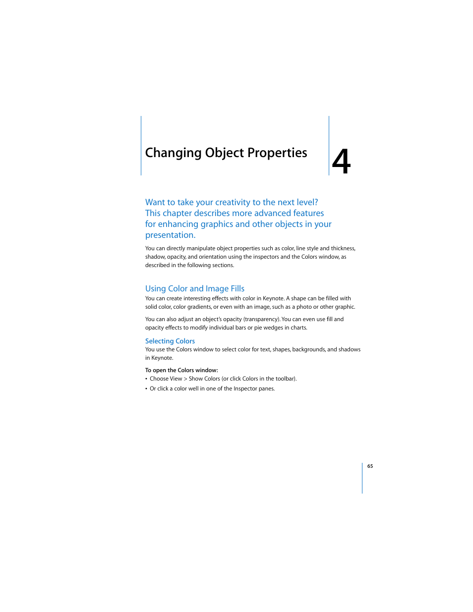 Changing object properties, Using color and image fills, Selecting colors | Apple Keynote 2 User Manual | Page 65 / 152