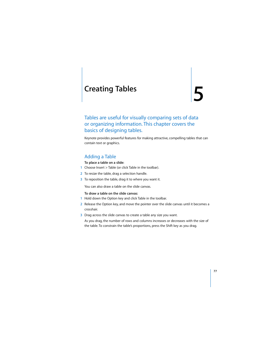 Creating tables, Adding a table, Ell as chapter 5, “creating tables | Apple Keynote 2 User Manual | Page 77 / 152