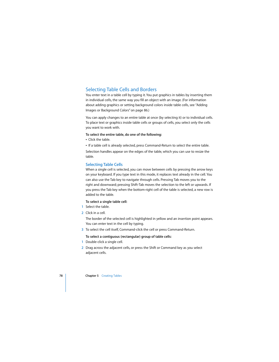 Selecting table cells and borders, Selecting table cells | Apple Keynote 2 User Manual | Page 78 / 152