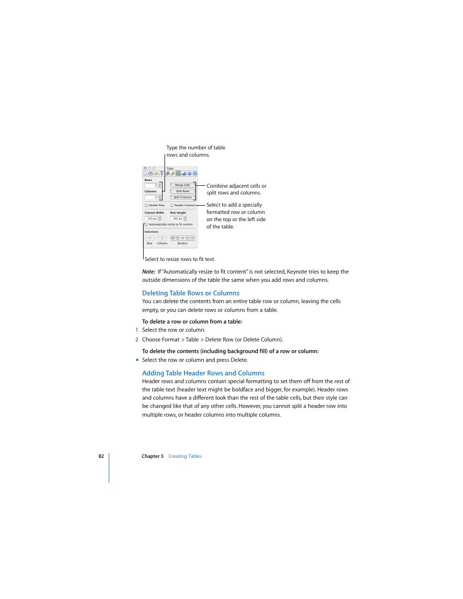 Deleting table rows or columns, Adding table header rows and columns | Apple Keynote 2 User Manual | Page 82 / 152