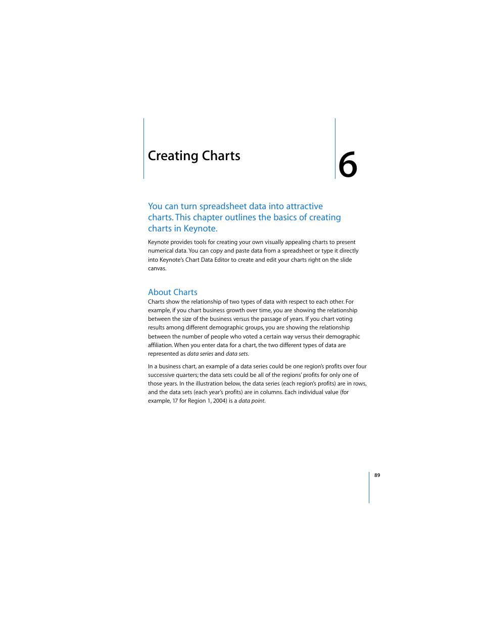 Creating charts, About charts, And chapter 6, “creating charts | Apple Keynote 2 User Manual | Page 89 / 152