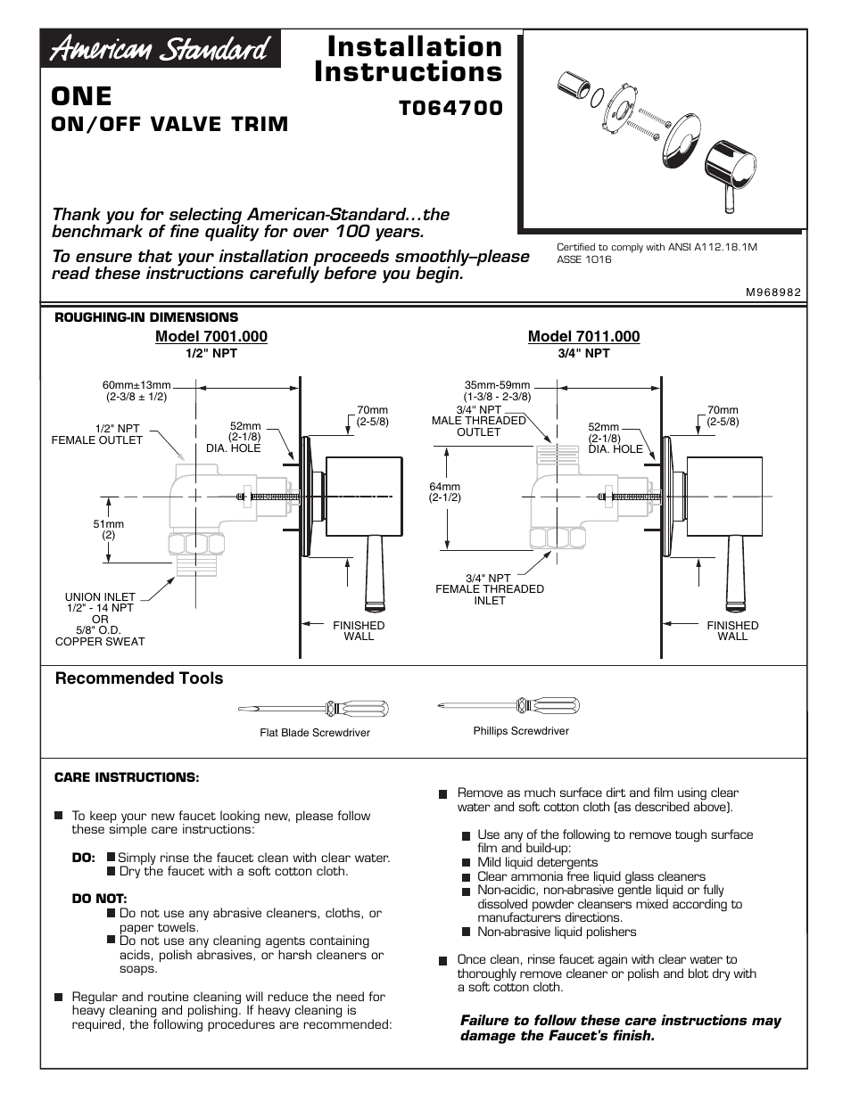 American Standard 7011.000 User Manual | 3 pages