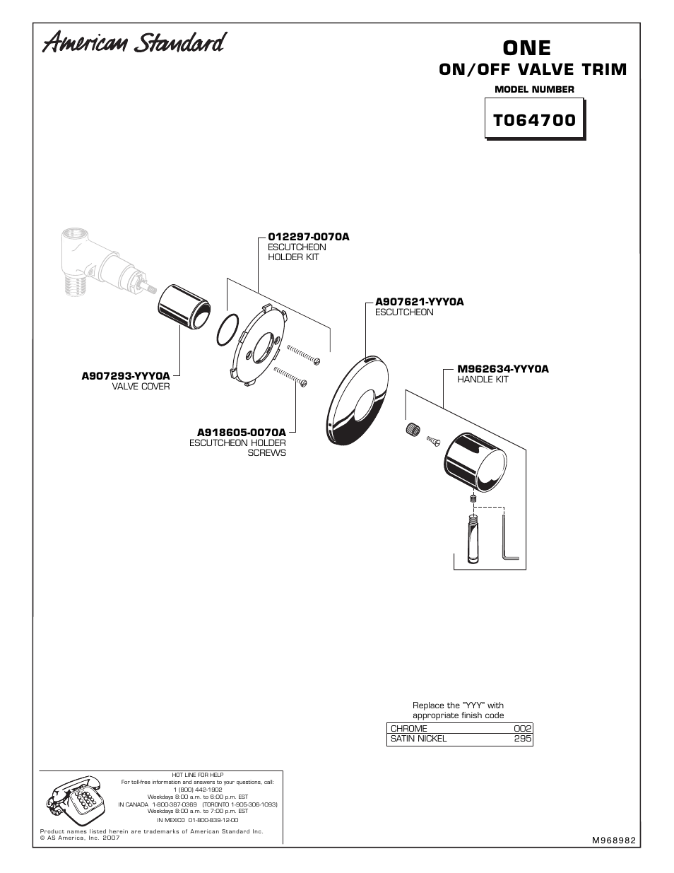 Installation instructions, On/off valve trim, Recommended tools | American Standard 7011.000 User Manual | Page 3 / 3