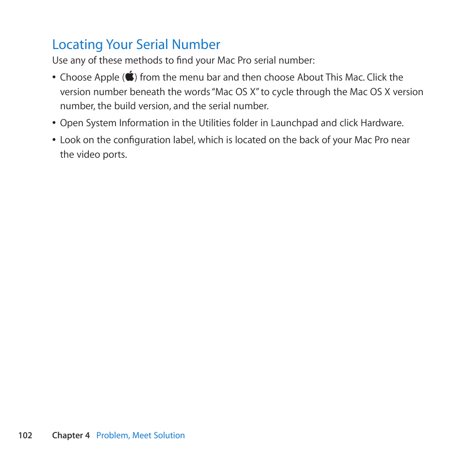 Locating your serial number, 102 locating your serial number | Apple Mac Pro (Mid 2010) User Manual | Page 102 / 136