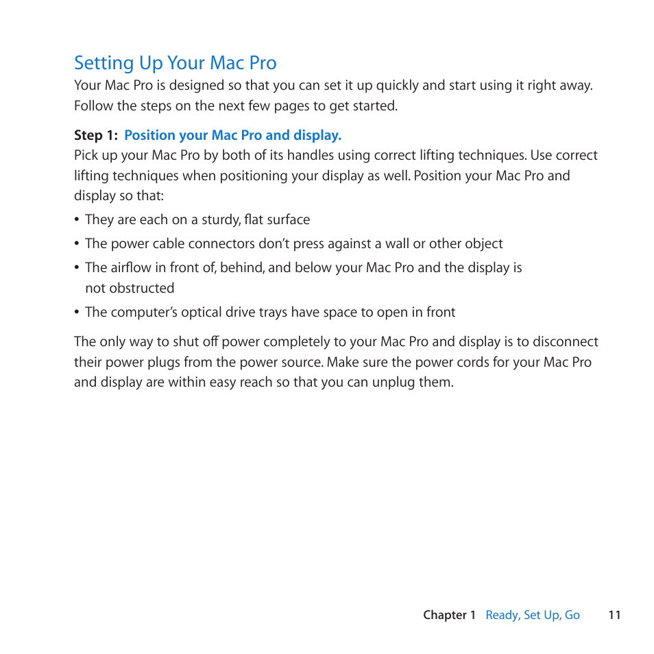 Setting up your mac pro, 11 setting up your mac pro | Apple Mac Pro (Mid 2010) User Manual | Page 11 / 136