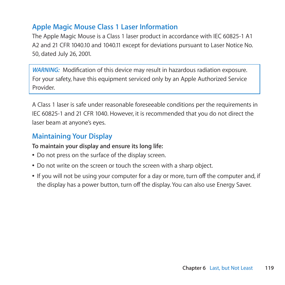 Apple magic mouse class 1 laser information, Maintaining your display | Apple Mac Pro (Mid 2010) User Manual | Page 119 / 136