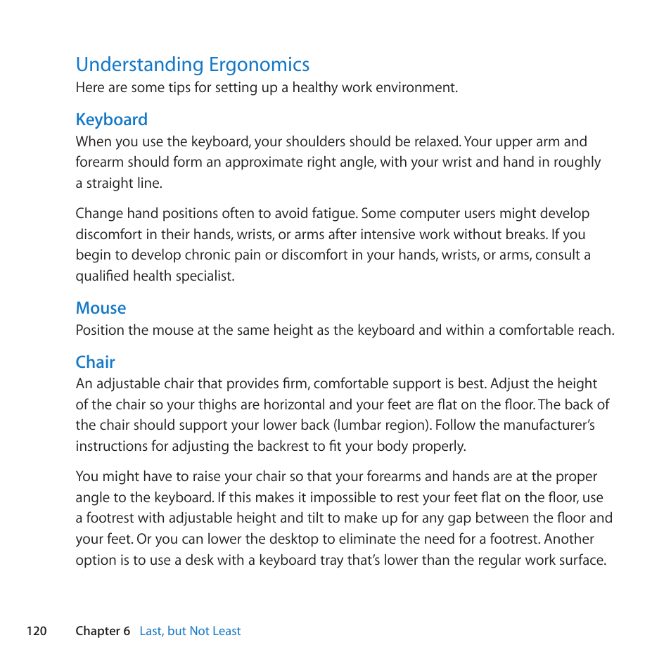 Understanding ergonomics, 120 understanding ergonomics | Apple Mac Pro (Mid 2010) User Manual | Page 120 / 136