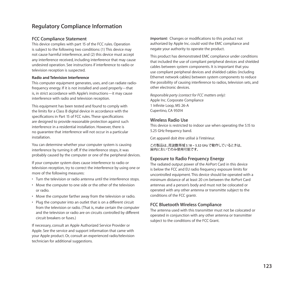 Regulatory compliance information, 123 regulatory compliance information | Apple Mac Pro (Mid 2010) User Manual | Page 123 / 136