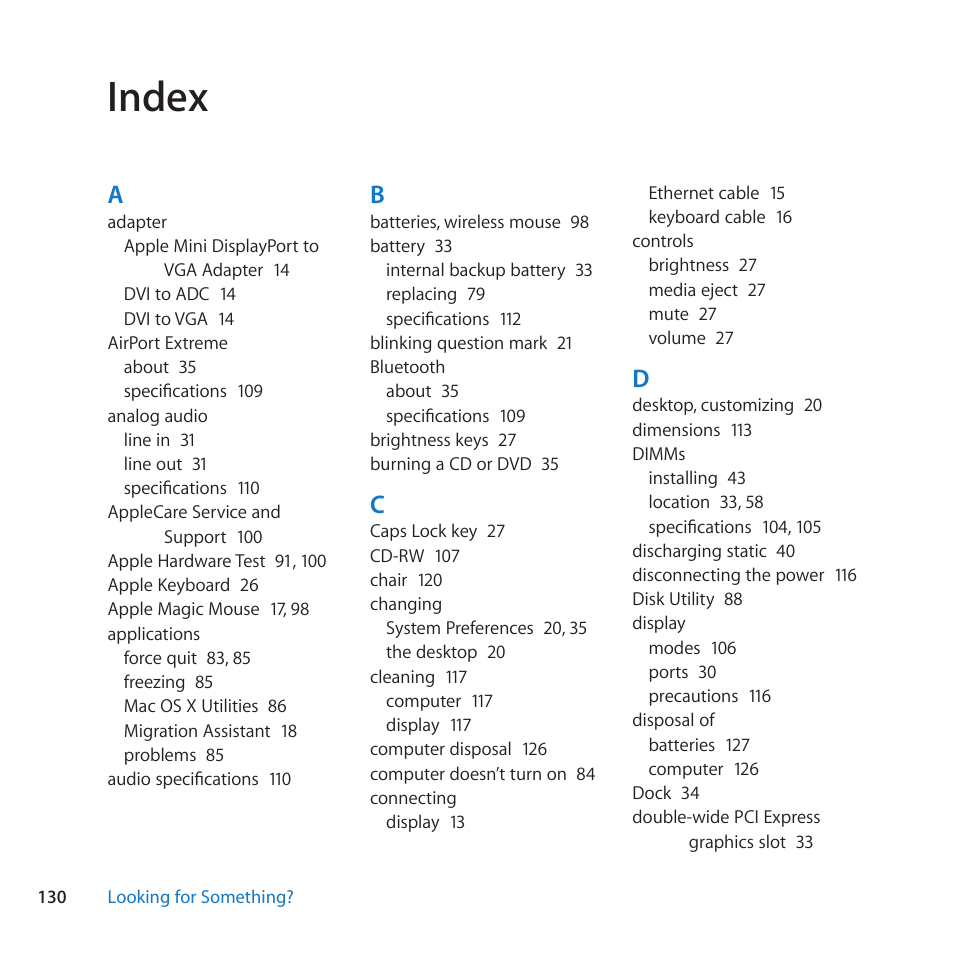 Index, 130 index | Apple Mac Pro (Mid 2010) User Manual | Page 130 / 136