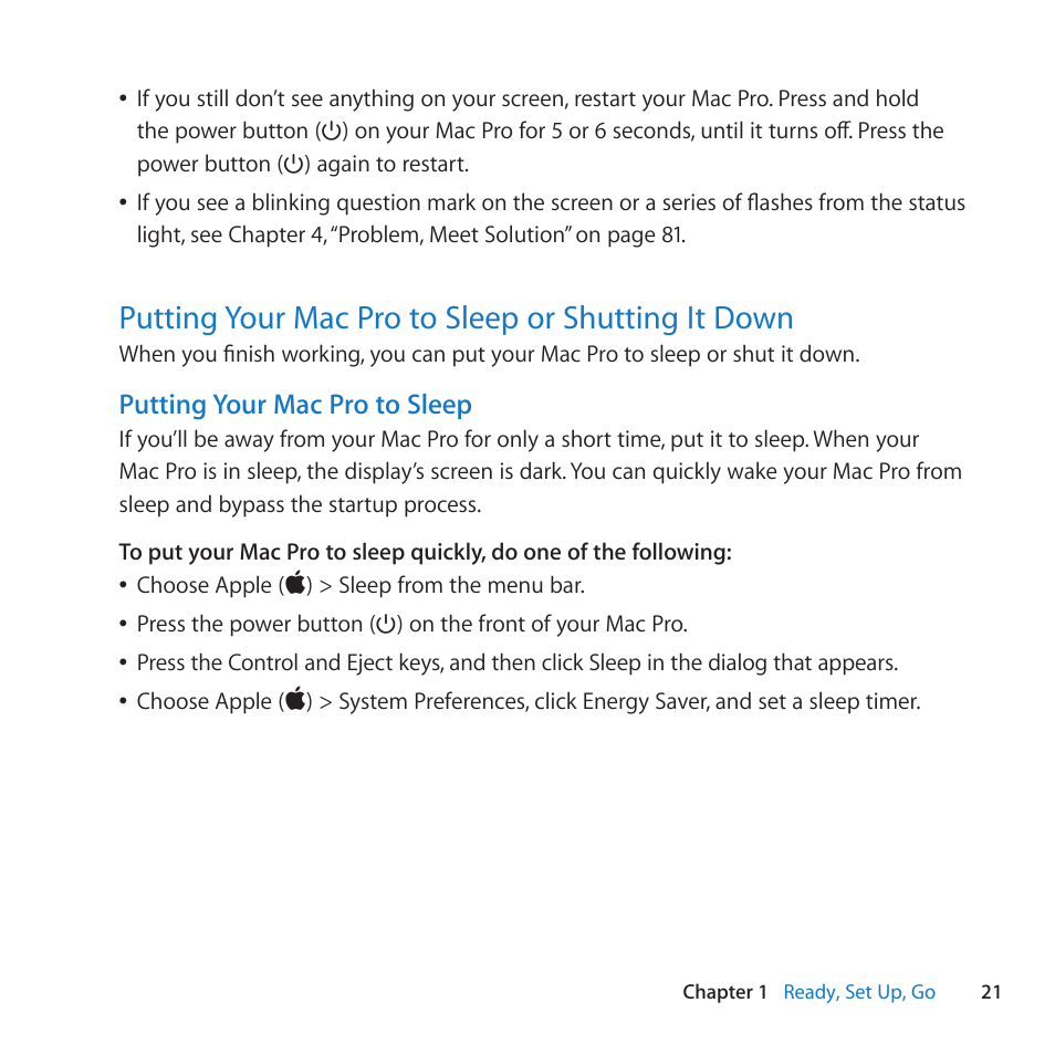 Putting your mac pro to sleep or shutting it down | Apple Mac Pro (Mid 2010) User Manual | Page 21 / 136