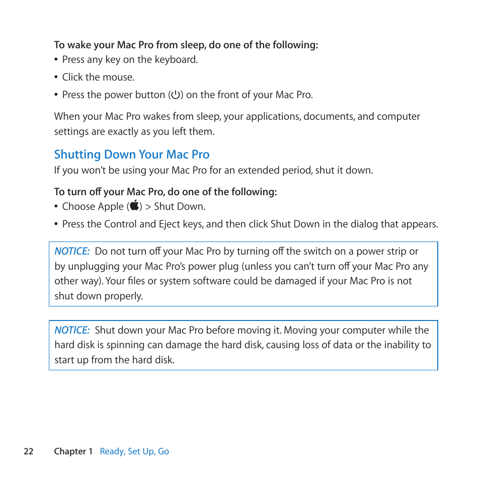 Shutting down your mac pro | Apple Mac Pro (Mid 2010) User Manual | Page 22 / 136