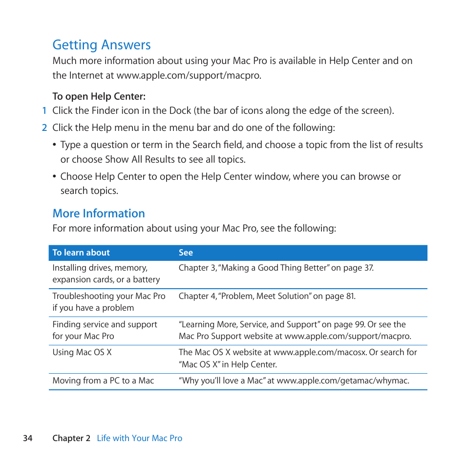 Getting answers, 34 getting answers, More information | Apple Mac Pro (Mid 2010) User Manual | Page 34 / 136