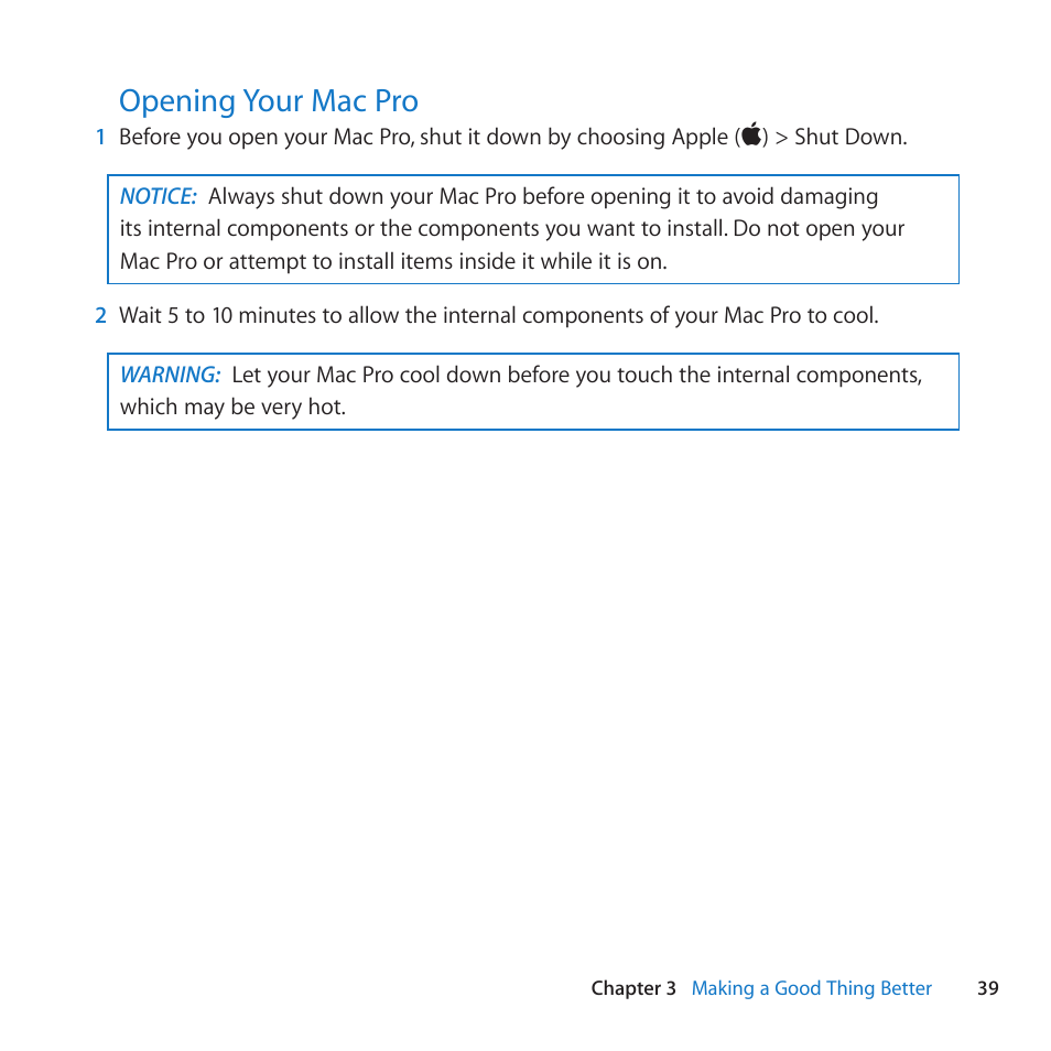 Opening your mac pro, 39 opening your mac pro | Apple Mac Pro (Mid 2010) User Manual | Page 39 / 136