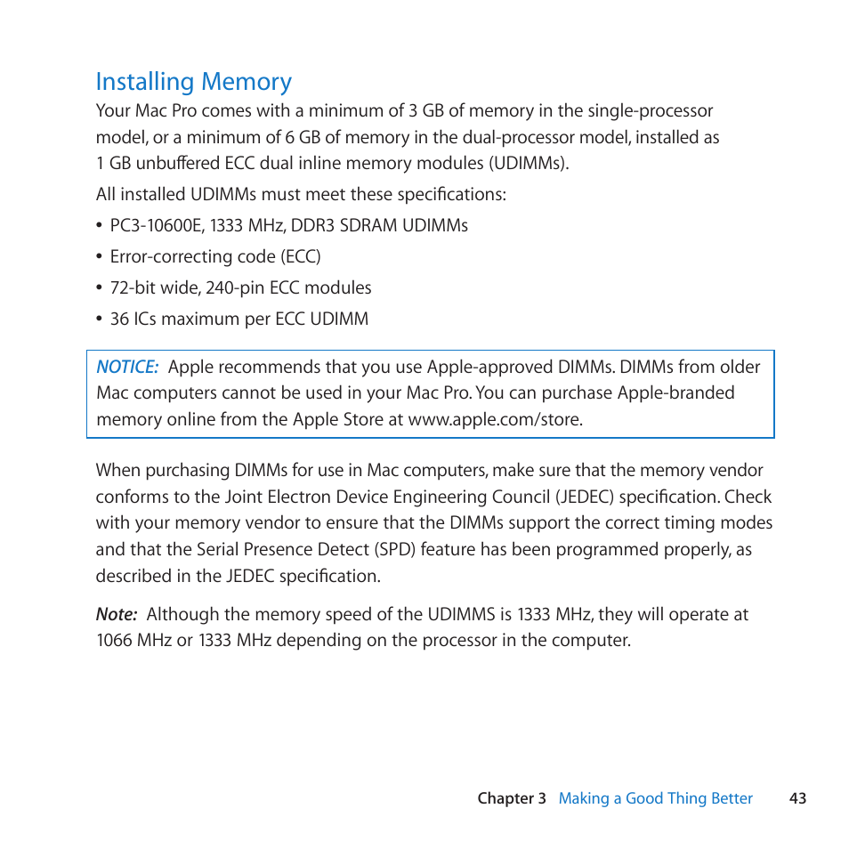 Installing memory, 43 installing memory | Apple Mac Pro (Mid 2010) User Manual | Page 43 / 136