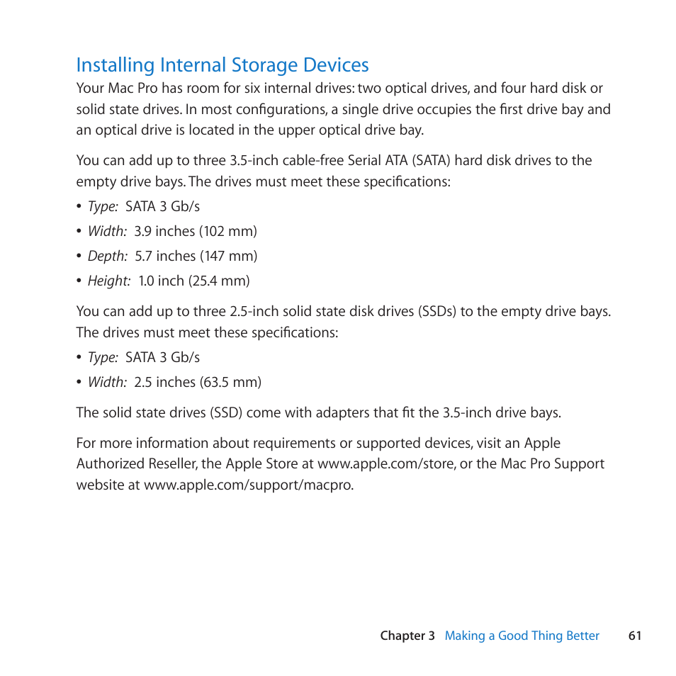 Installing internal storage devices, 61 installing internal storage devices | Apple Mac Pro (Mid 2010) User Manual | Page 61 / 136