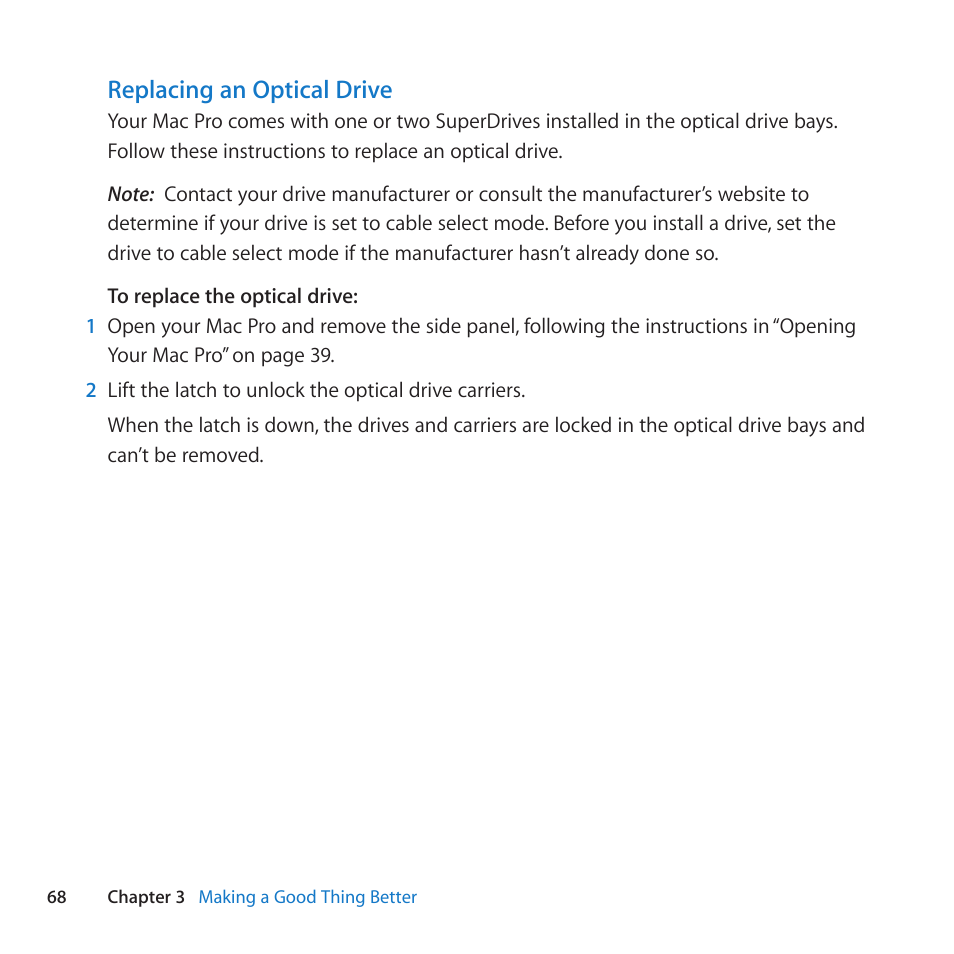 Replacing an optical drive | Apple Mac Pro (Mid 2010) User Manual | Page 68 / 136