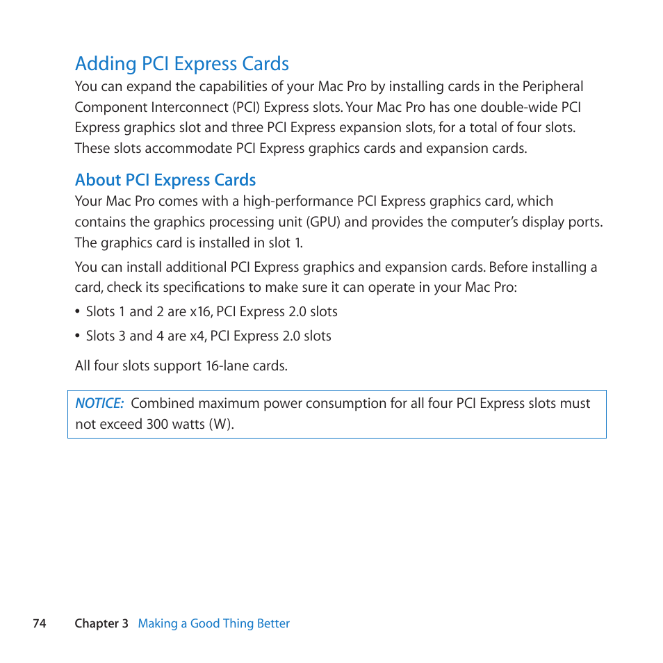 Adding pci express cards, 74 adding pci express cards | Apple Mac Pro (Mid 2010) User Manual | Page 74 / 136