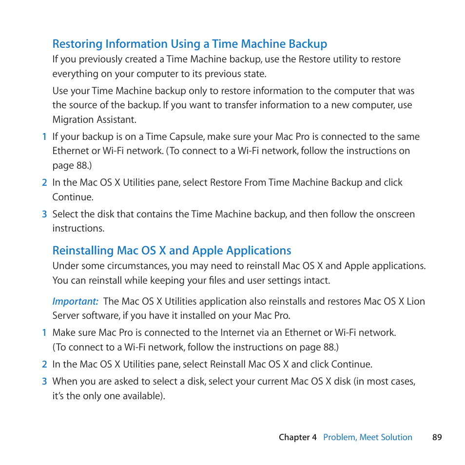 Restoring information using a time machine backup, Reinstalling mac os x and apple applications | Apple Mac Pro (Mid 2010) User Manual | Page 89 / 136