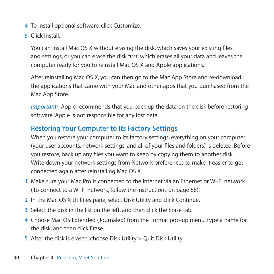 Restoring your computer to its factory settings | Apple Mac Pro (Mid 2010) User Manual | Page 90 / 136