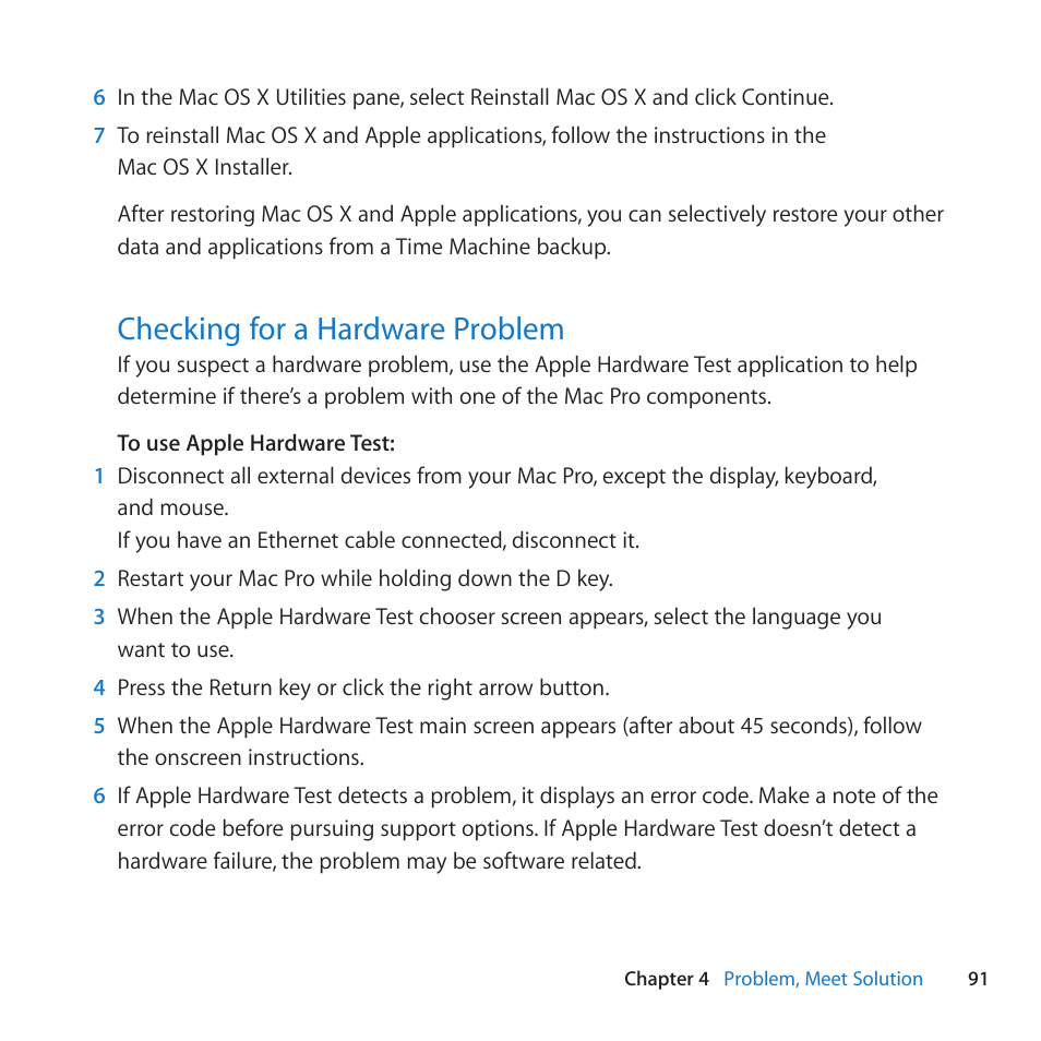 Checking for a hardware problem, 91 checking for a hardware problem | Apple Mac Pro (Mid 2010) User Manual | Page 91 / 136