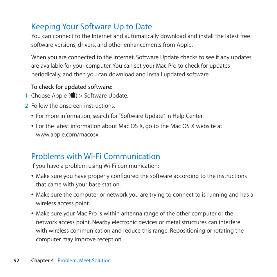 Keeping your software up to date, Problems with wi-fi communication | Apple Mac Pro (Mid 2010) User Manual | Page 92 / 136