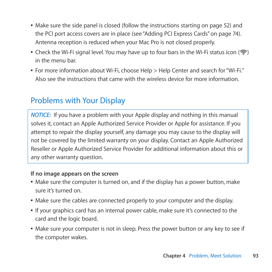 Problems with your display, 93 problems with your display | Apple Mac Pro (Mid 2010) User Manual | Page 93 / 136