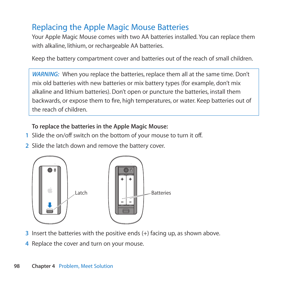 Replacing the apple magic mouse batteries, 98 replacing the apple magic mouse batteries | Apple Mac Pro (Mid 2010) User Manual | Page 98 / 136