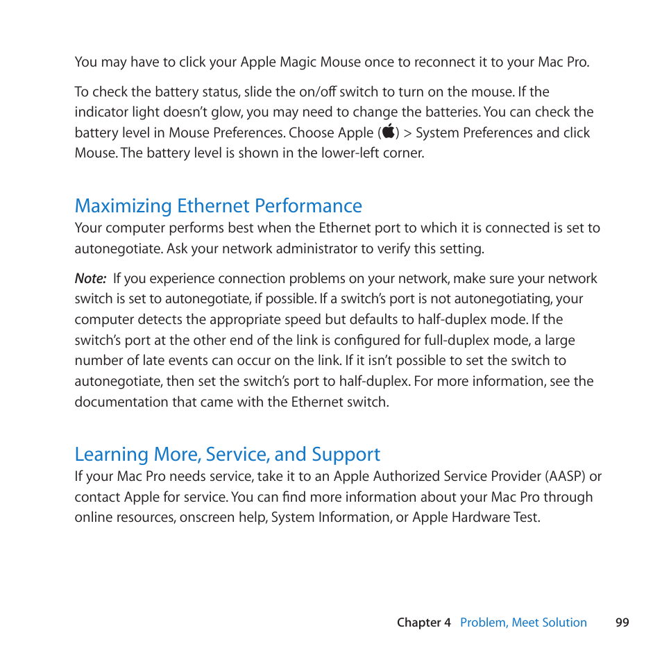 Maximizing ethernet performance, Learning more, service, and support | Apple Mac Pro (Mid 2010) User Manual | Page 99 / 136