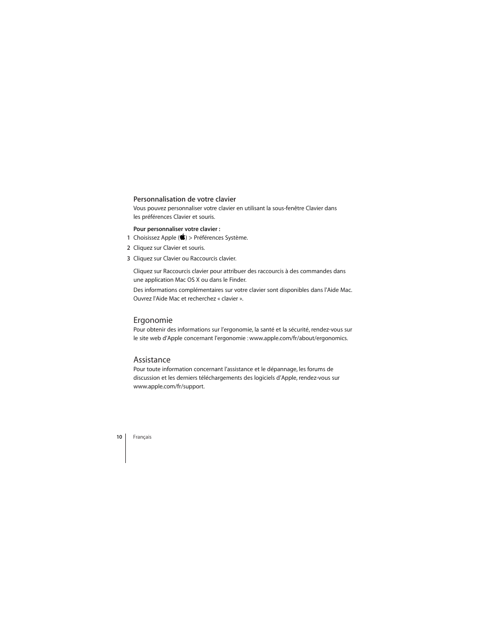 Personnalisation de votre clavier, Ergonomie, Assistance | Apple Keyboard (aluminum; wired) User Manual | Page 10 / 16