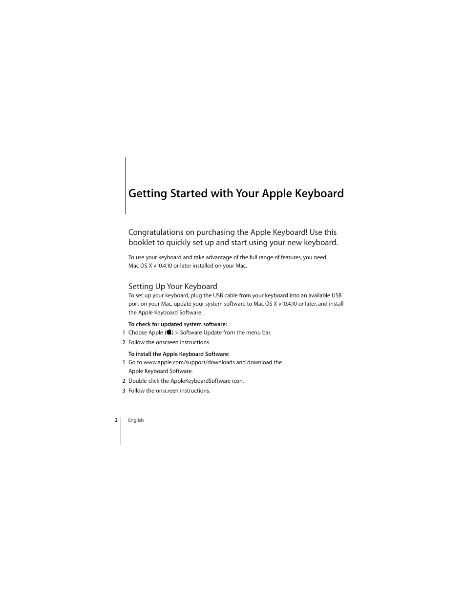 Getting started with your apple keyboard, Setting up your keyboard | Apple Keyboard (aluminum; wired) User Manual | Page 2 / 16