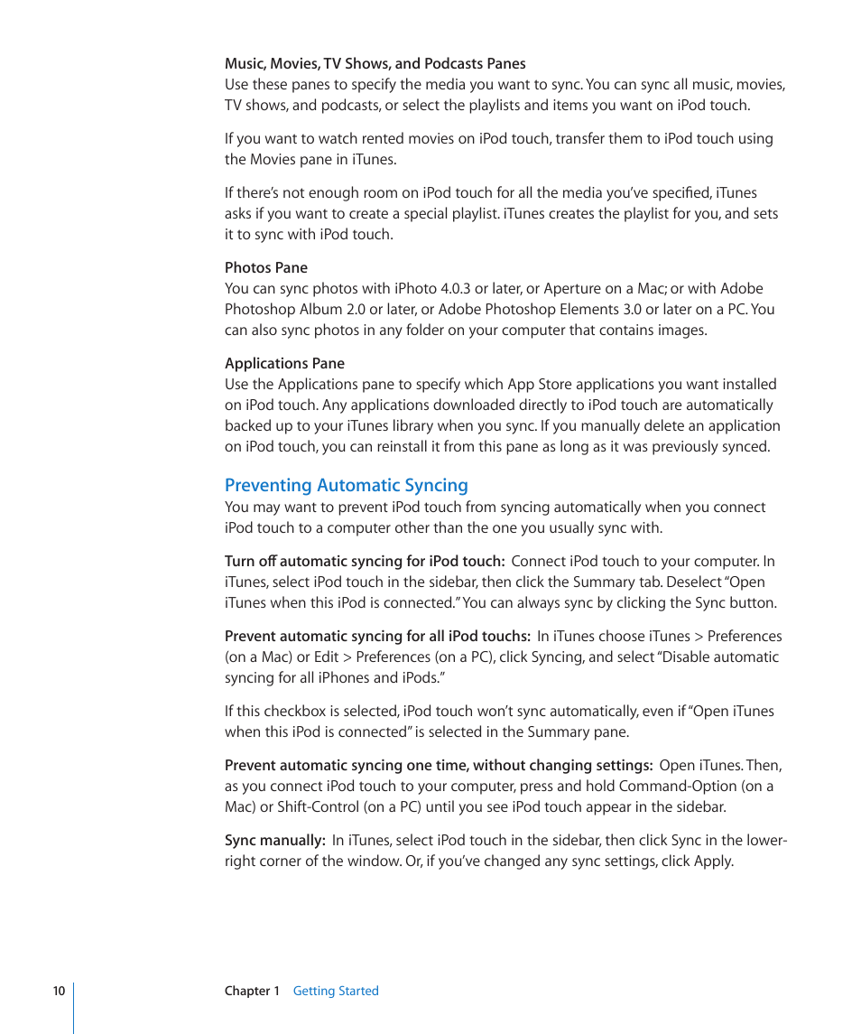 Preventing automatic syncing | Apple iPod touch iOS 2.0 User Manual | Page 10 / 120