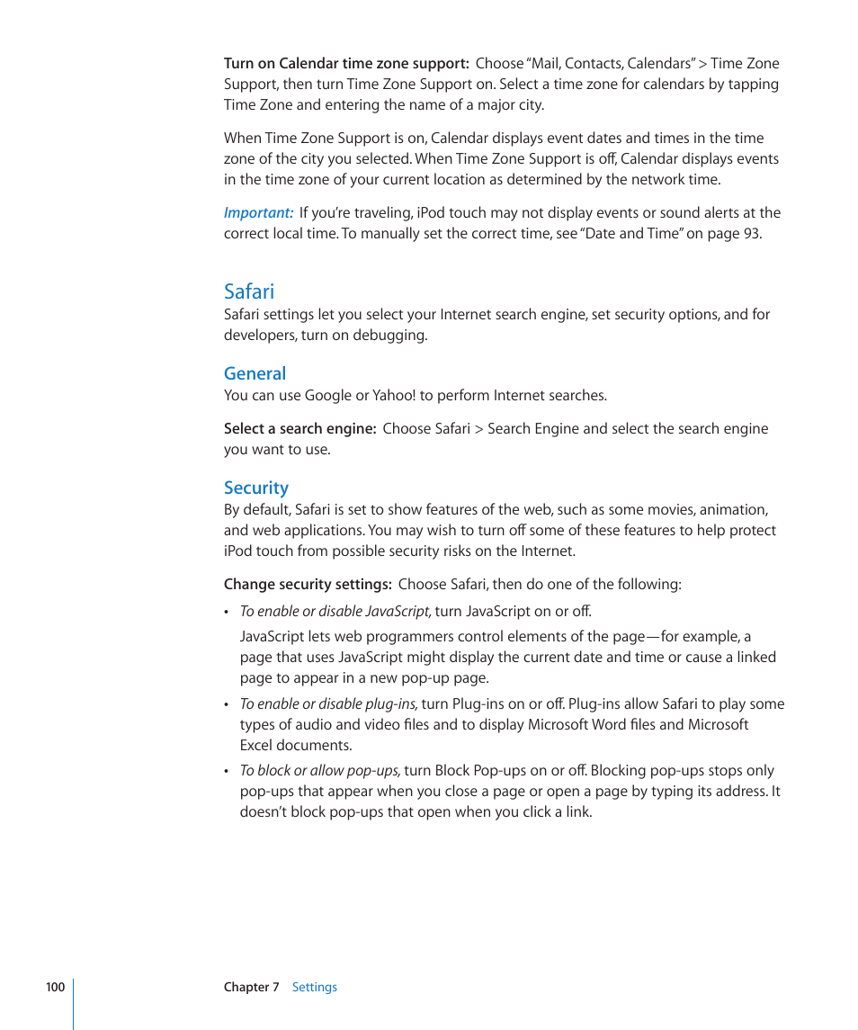 Safari, 100 safari, General | Security | Apple iPod touch iOS 2.0 User Manual | Page 100 / 120