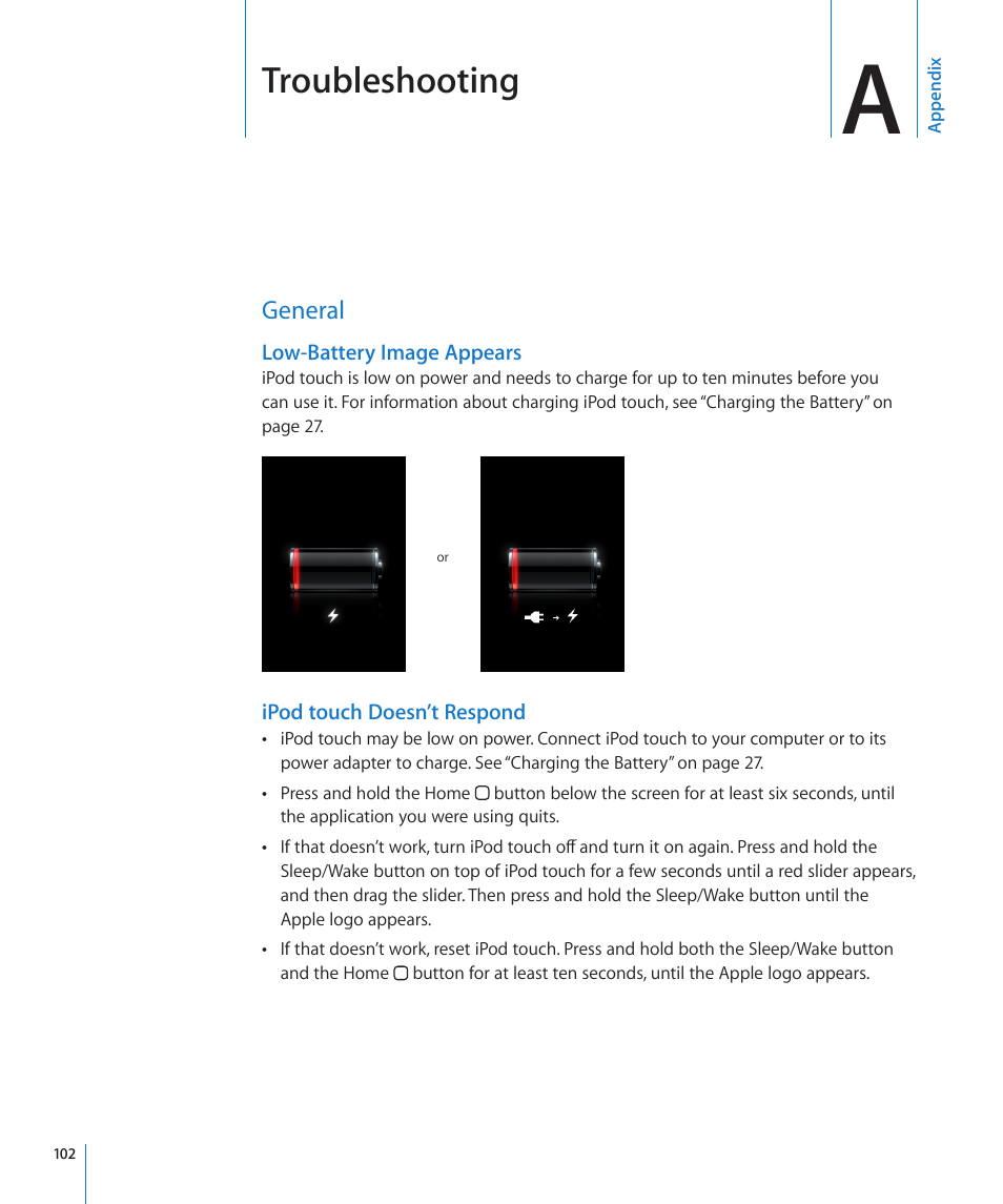 Appendix a: troubleshooting, General, Appendix a: troubleshooting | 102 general, Troubleshooting | Apple iPod touch iOS 2.0 User Manual | Page 102 / 120