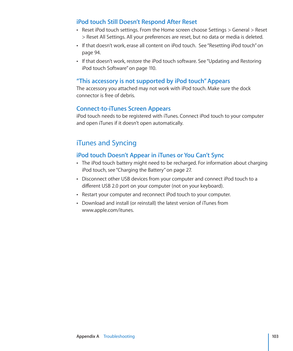 Itunes and syncing, 103 itunes and syncing, Ipod touch still doesn’t respond after reset | Connect-to-itunes screen appears | Apple iPod touch iOS 2.0 User Manual | Page 103 / 120