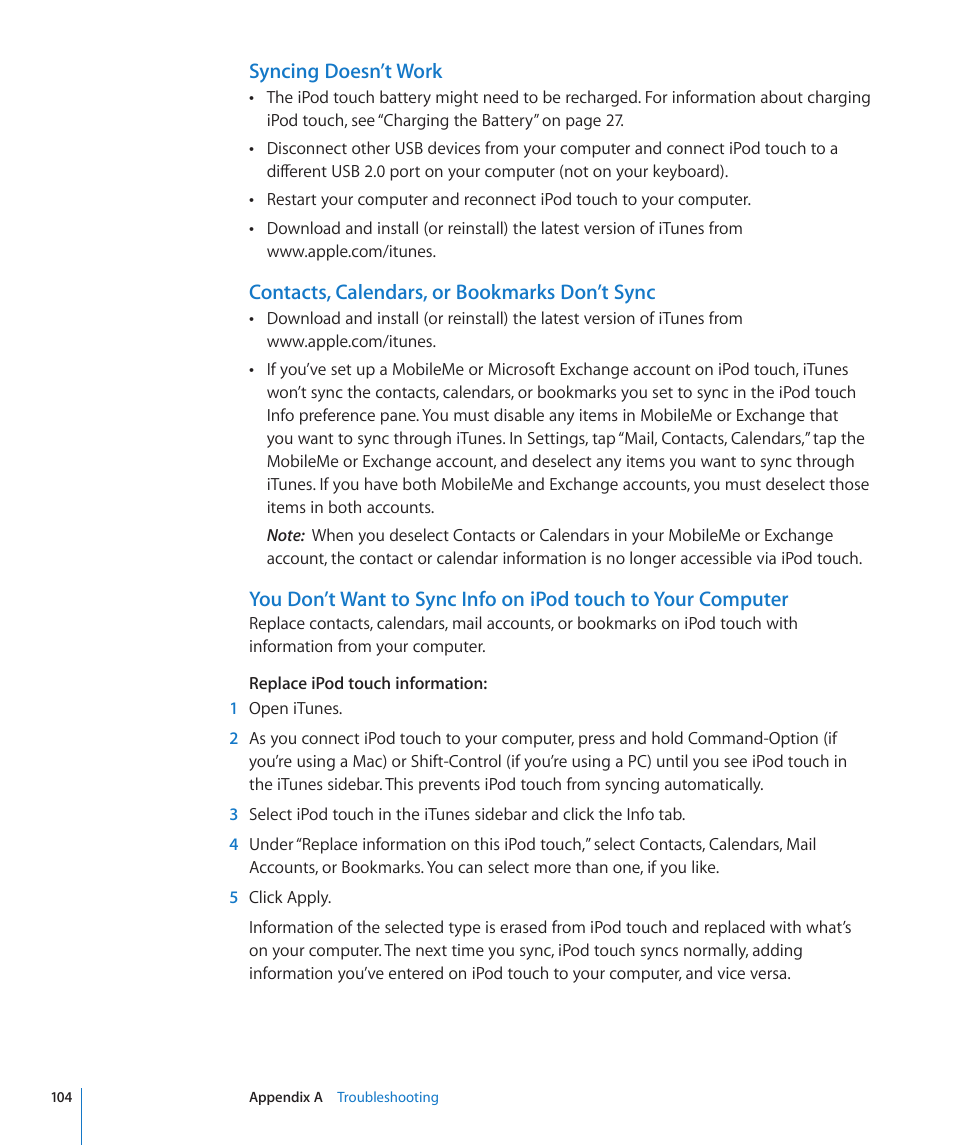 Syncing doesn’t work, Contacts, calendars, or bookmarks don’t sync | Apple iPod touch iOS 2.0 User Manual | Page 104 / 120