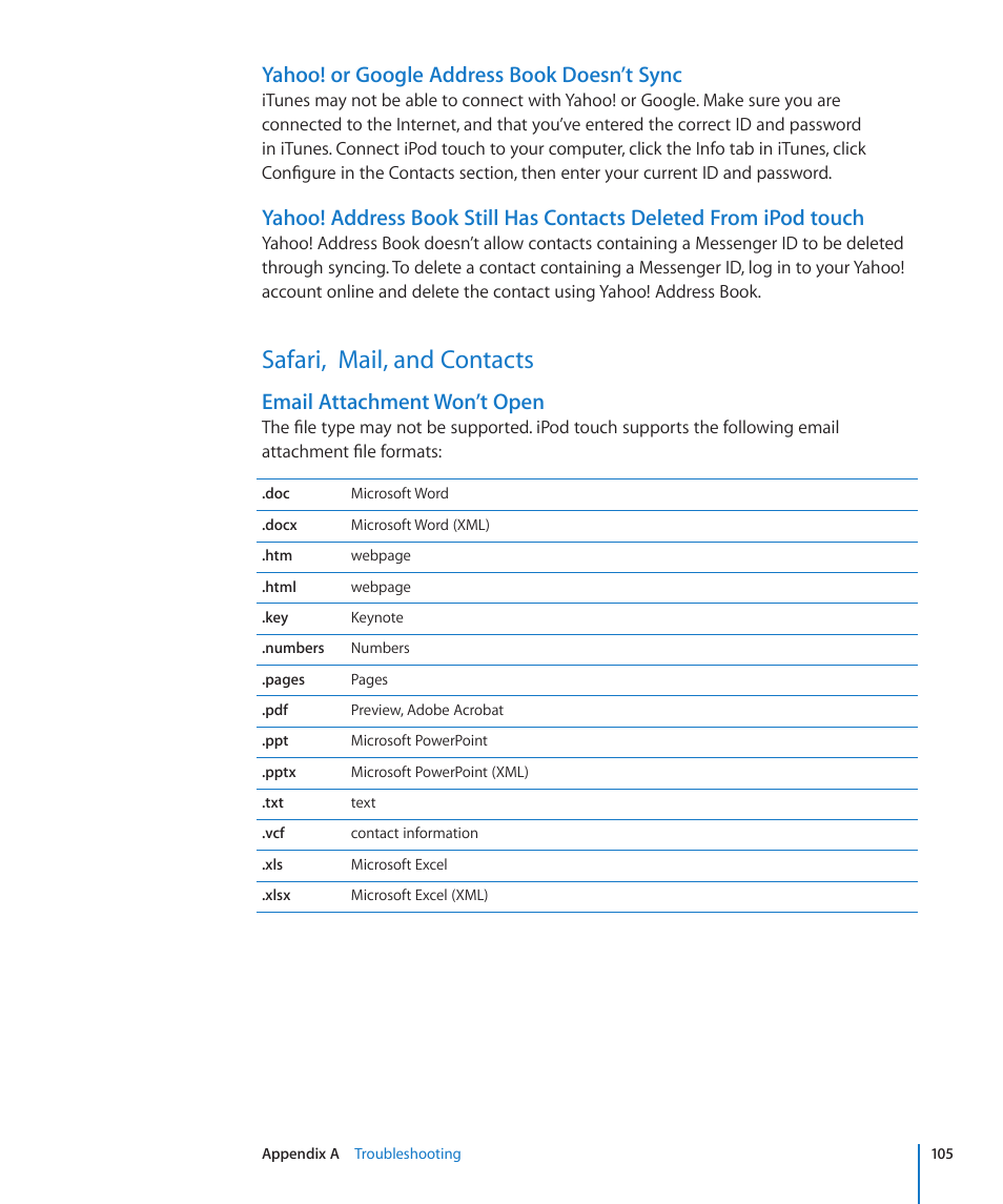 Safari, mail, and contacts, 105 safari, mail, and contacts, Yahoo! or google address book doesn’t sync | Email attachment won’t open | Apple iPod touch iOS 2.0 User Manual | Page 105 / 120