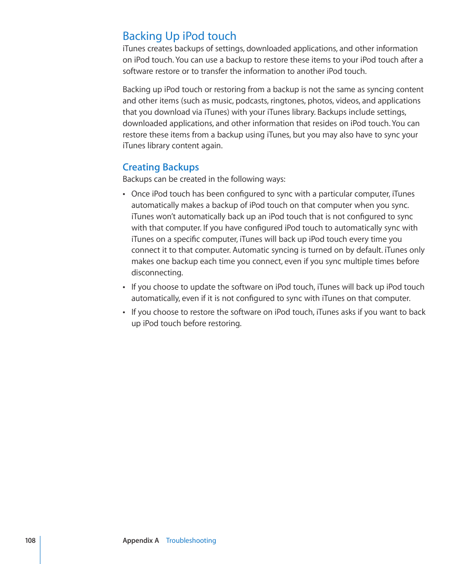 Backing up ipod touch, 108 backing up ipod touch, Creating backups | Apple iPod touch iOS 2.0 User Manual | Page 108 / 120