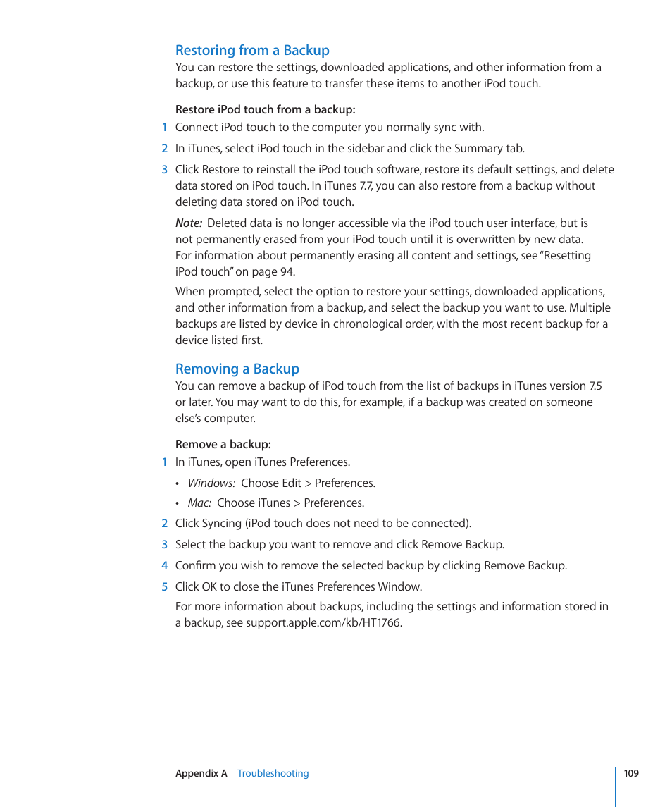 Restoring from a backup, Removing a backup | Apple iPod touch iOS 2.0 User Manual | Page 109 / 120