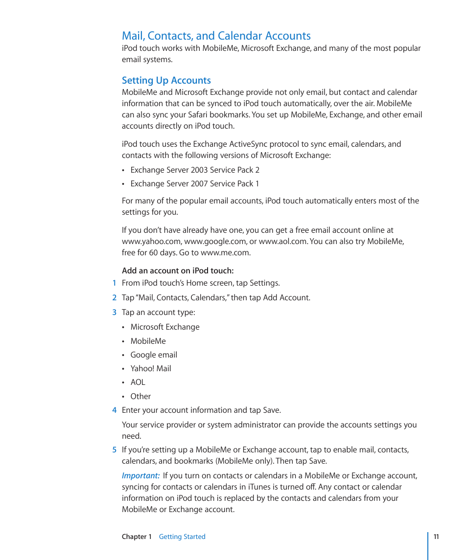 Mail, contacts, and calendar accounts, Setting up accounts | Apple iPod touch iOS 2.0 User Manual | Page 11 / 120