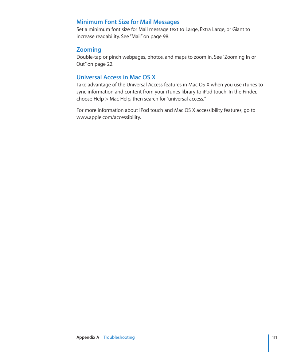 Minimum font size for mail messages, Zooming, Universal access in mac os x | Apple iPod touch iOS 2.0 User Manual | Page 111 / 120