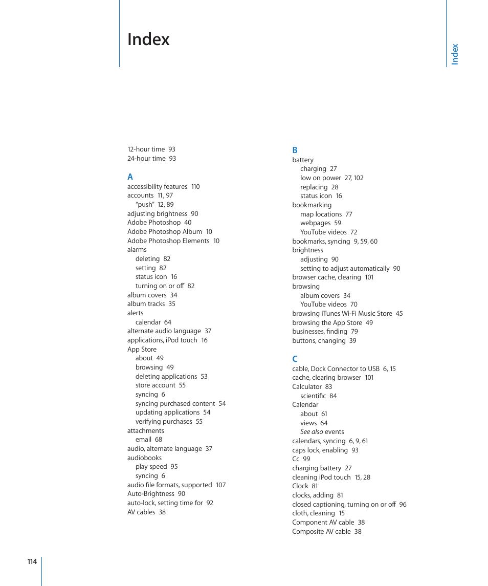 Index | Apple iPod touch iOS 2.0 User Manual | Page 114 / 120
