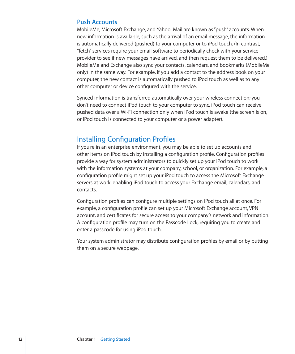Installing configuration profiles, Push accounts | Apple iPod touch iOS 2.0 User Manual | Page 12 / 120
