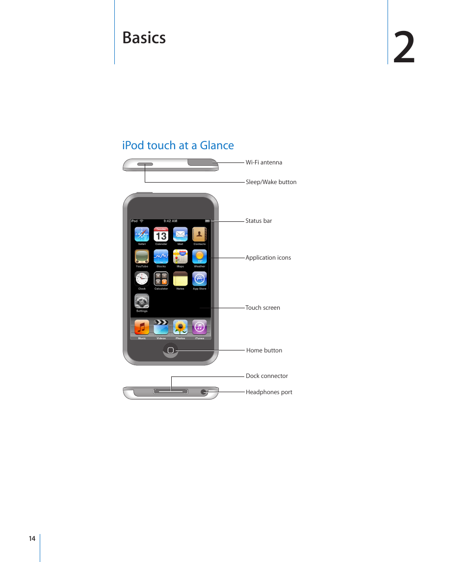 Chapter 2: basics, Ipod touch at a glance, Basics | Apple iPod touch iOS 2.0 User Manual | Page 14 / 120