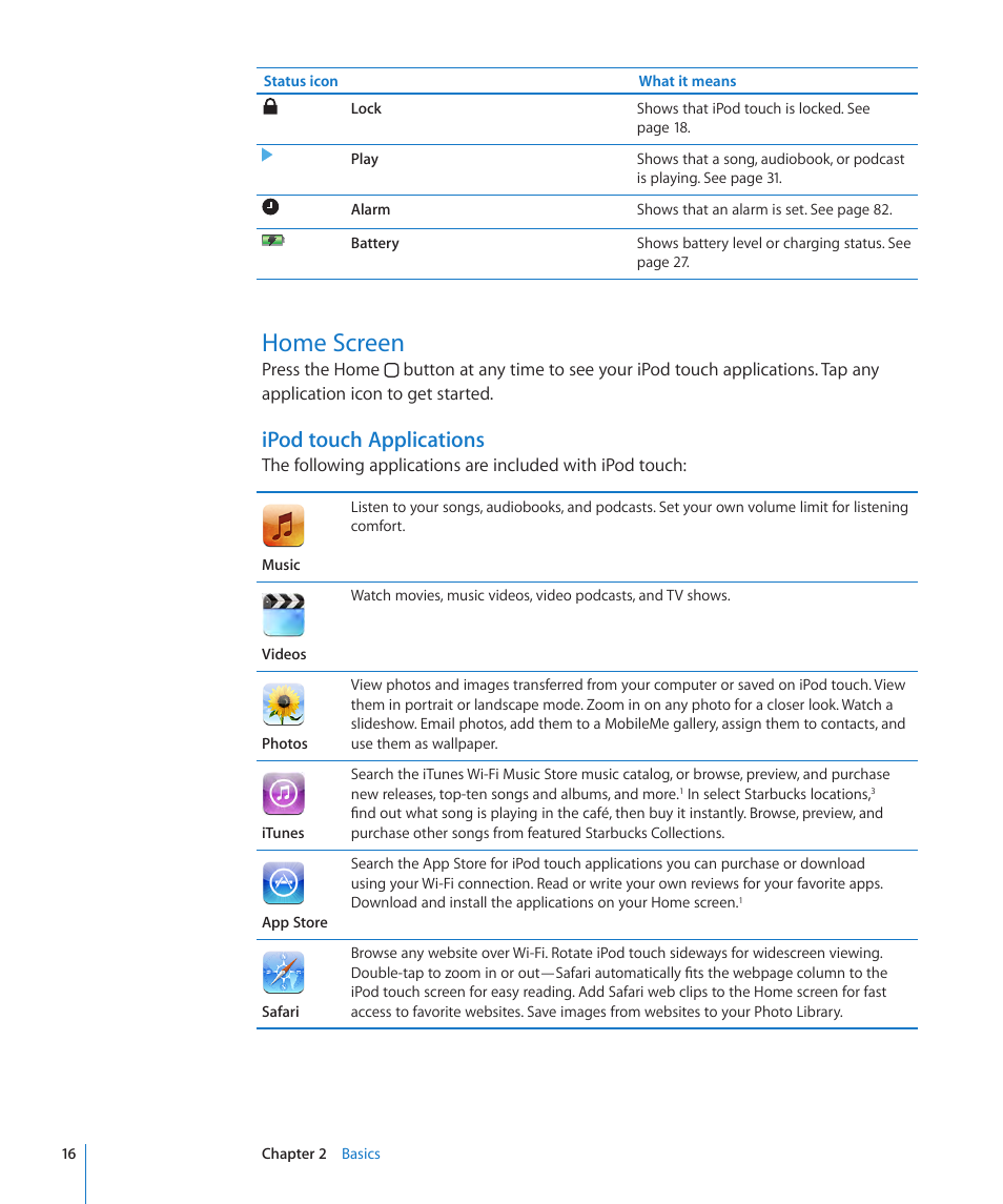 Home screen, 16 home screen, Ipod touch applications | Apple iPod touch iOS 2.0 User Manual | Page 16 / 120